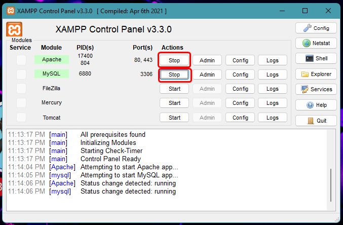 PhpMyAdmin Localhost: Start Apache and MySQL in xampp