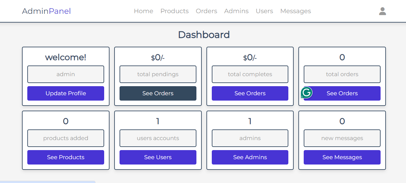 flower shop website admin panel page