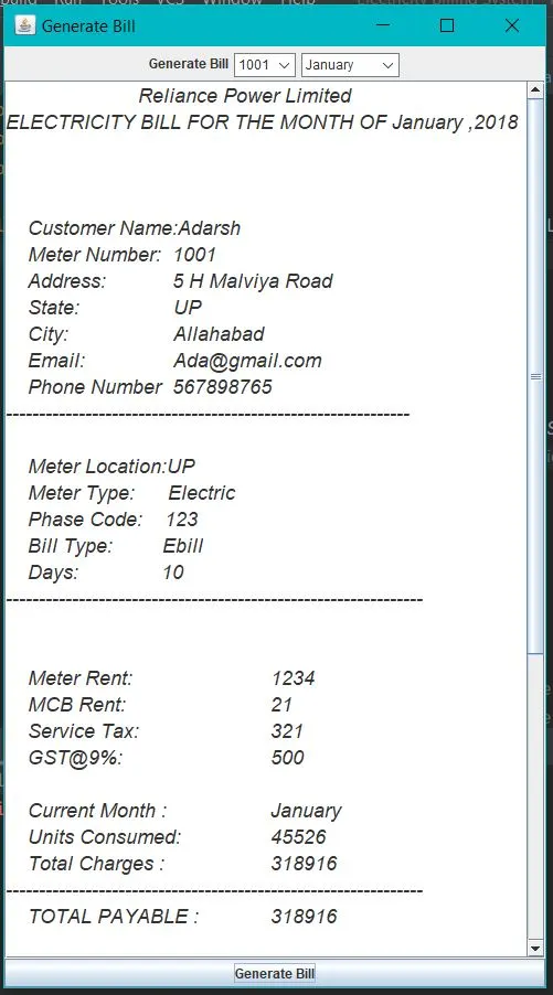 50 Java Projects - Electricity Billing System