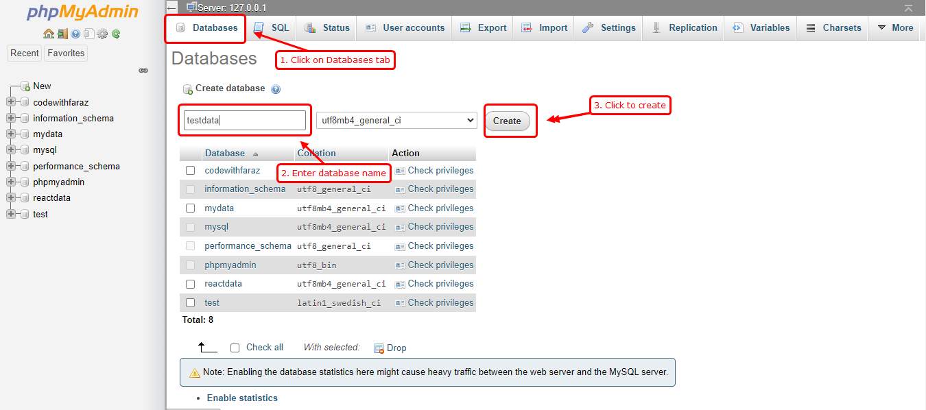 phpMyAdmin localhost create database