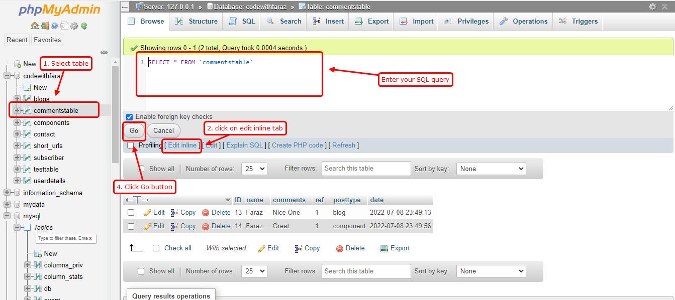 phpMyAdmin localhost execute query