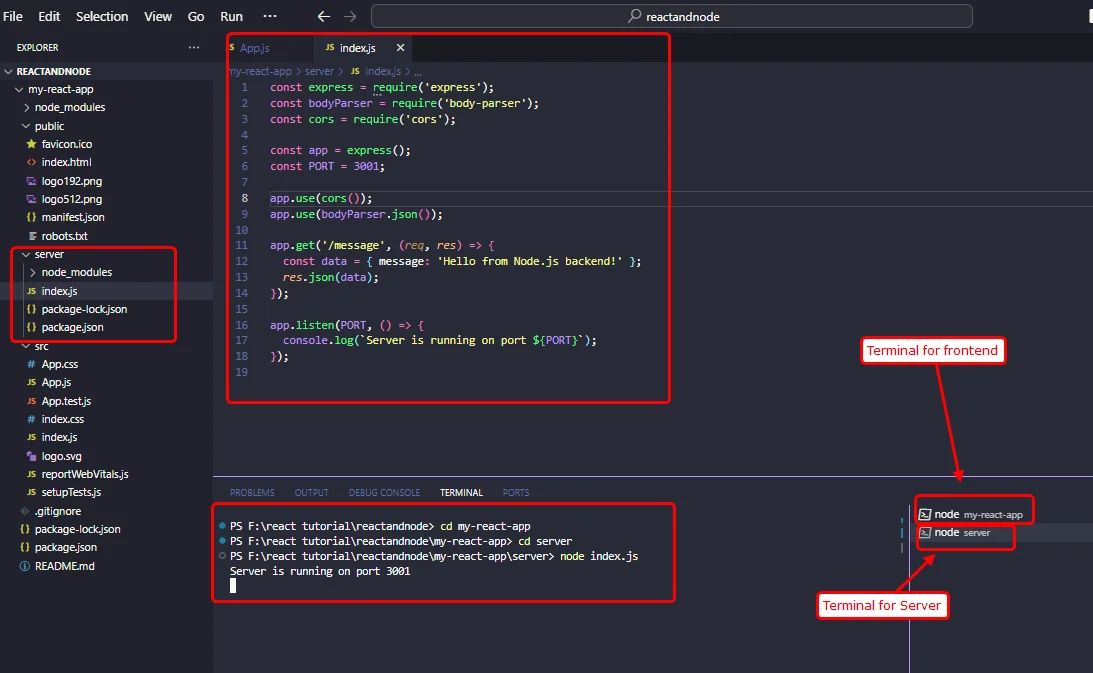 Connect React with Nodejs using Express - start nodejs backend server