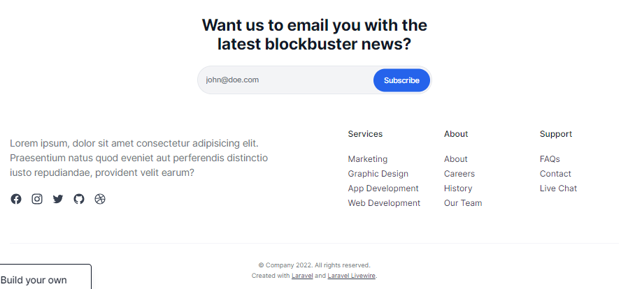 centered with social links as priority footer