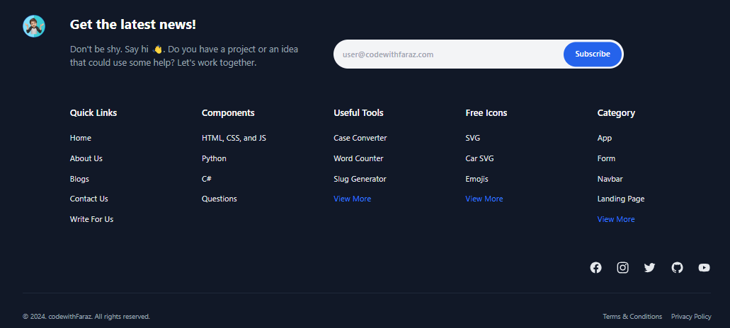 footer with social links and legal information