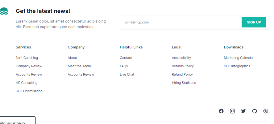large footer with newsletter form