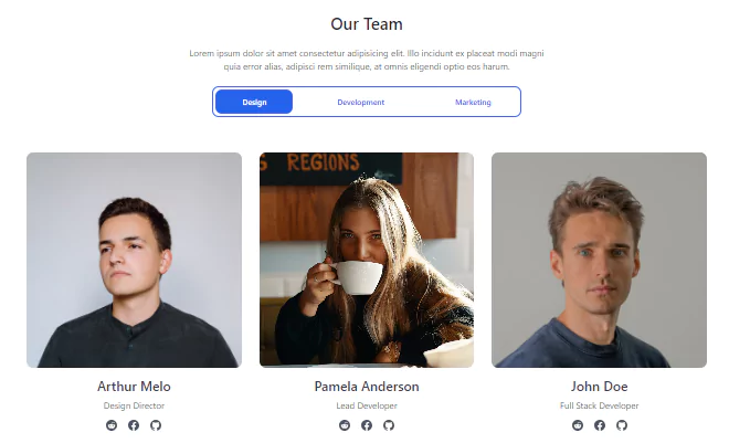team section with filter