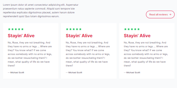 testimonial stacked with content with call to action and grid