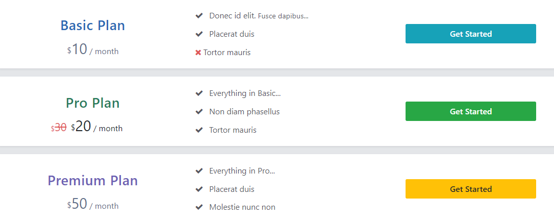 bootstrap pricing plan list