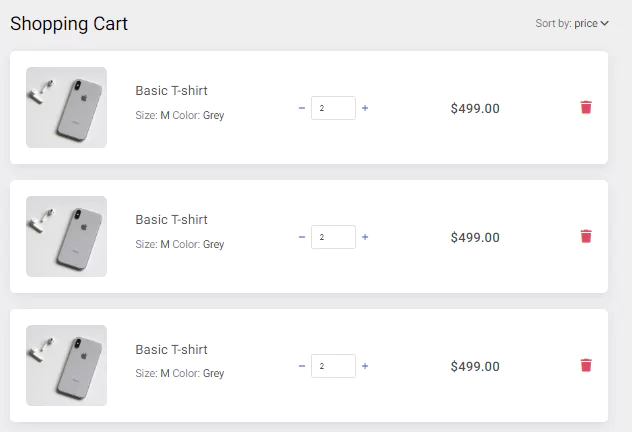 shopping cart with product cards