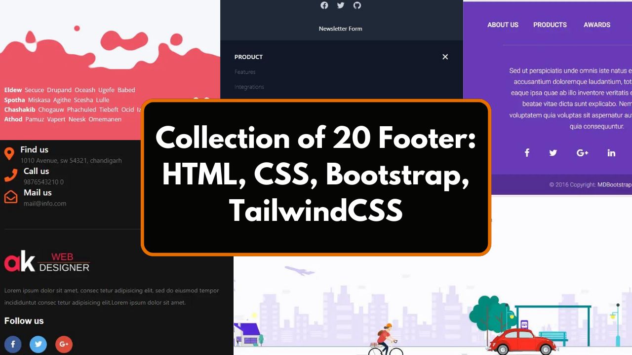 Collection of 20 Website Footer: HTML, CSS, Bootstrap, TailwindCSS
