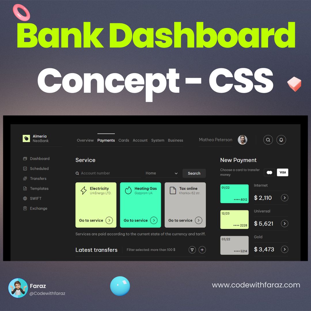 Collection of 100 HTML and CSS Mini Projects for Beginners with Source Code - Bank Dashboard