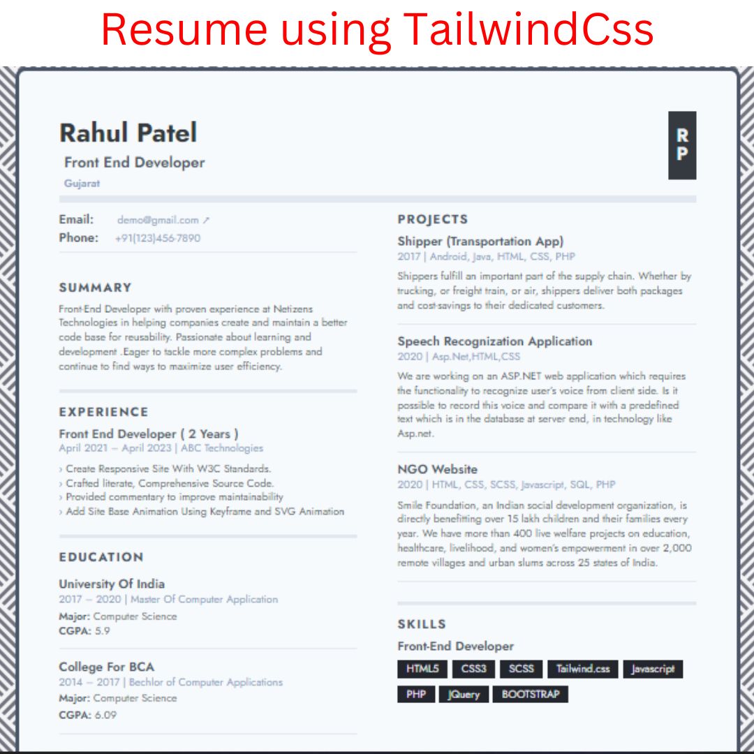 Collection of 100 HTML and CSS Mini Projects for Beginners with Source Code - Tailwind CSS Resume
