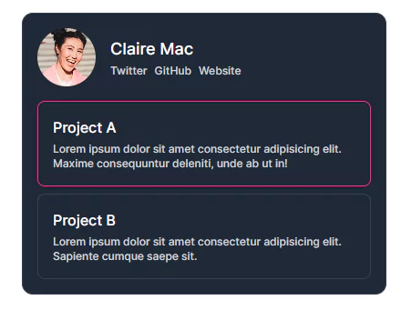 card image, name, with social links and project links