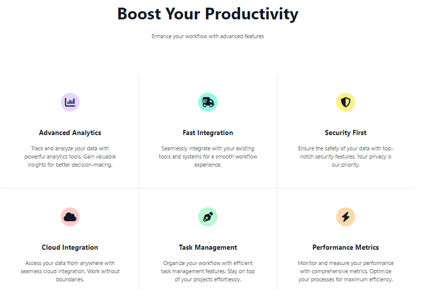 feature showcase section with font awesome icons