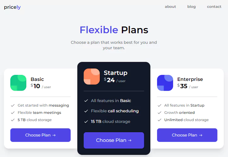 pricing table with tailwind css