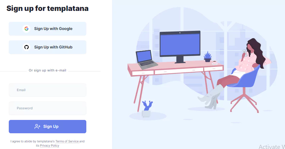 form component - responsive sign up form page template build with tailwind css