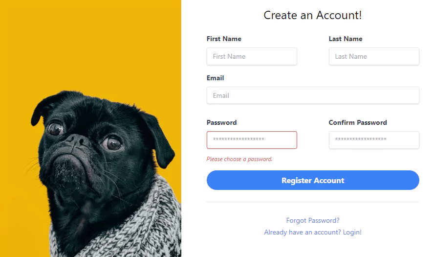 form component - sb admin 2: register page