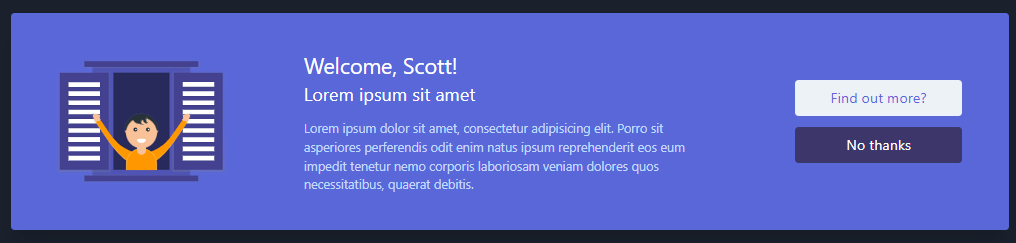 simple welcome card with alpinejs action