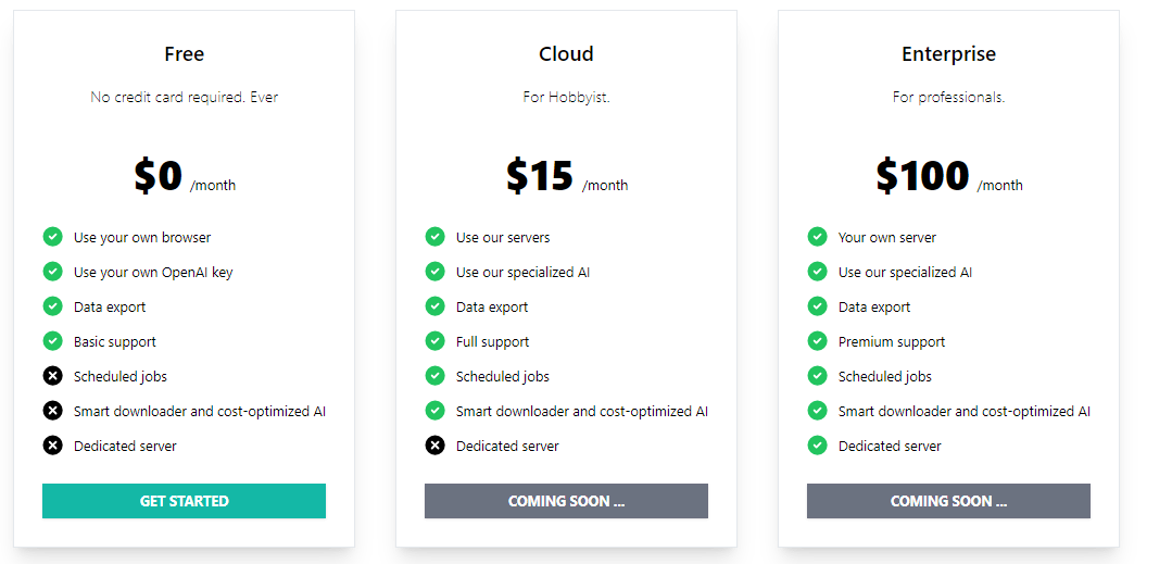 pricing cards - with features list